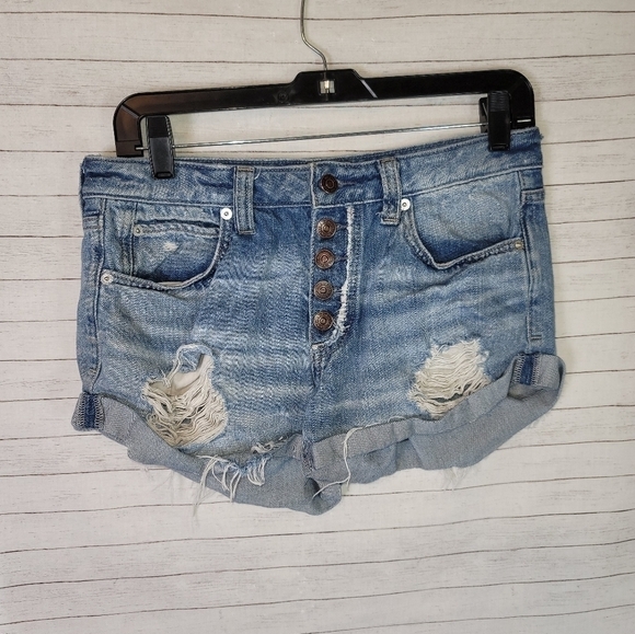 WE THE FREE DISTRESSED BUTTON FRONT DENIM CUTOFF SHORTS, SZ 26 - Picture 1 of 7
